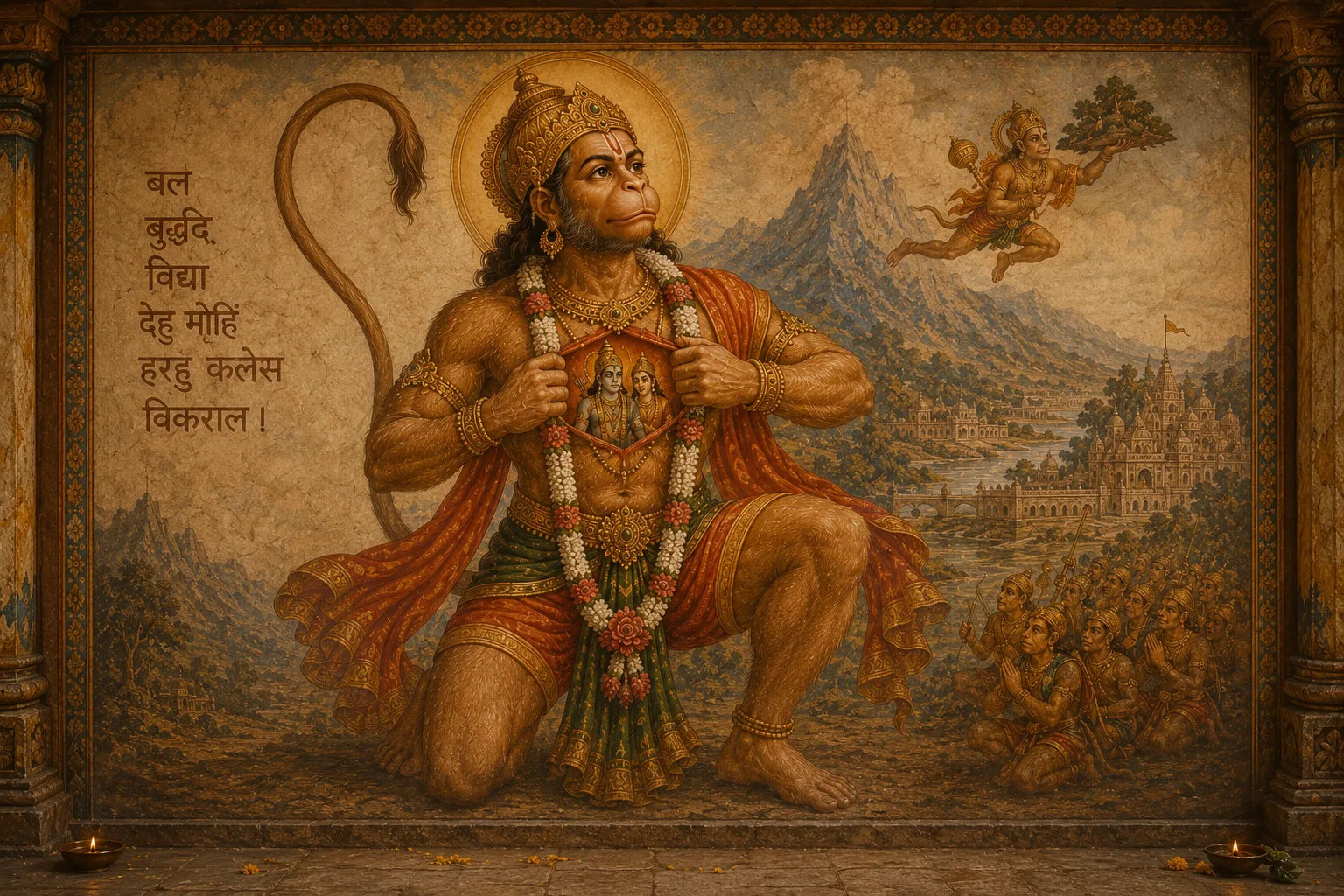 Wall painting depicting Lord Hanuman in a stance of courage and devotion