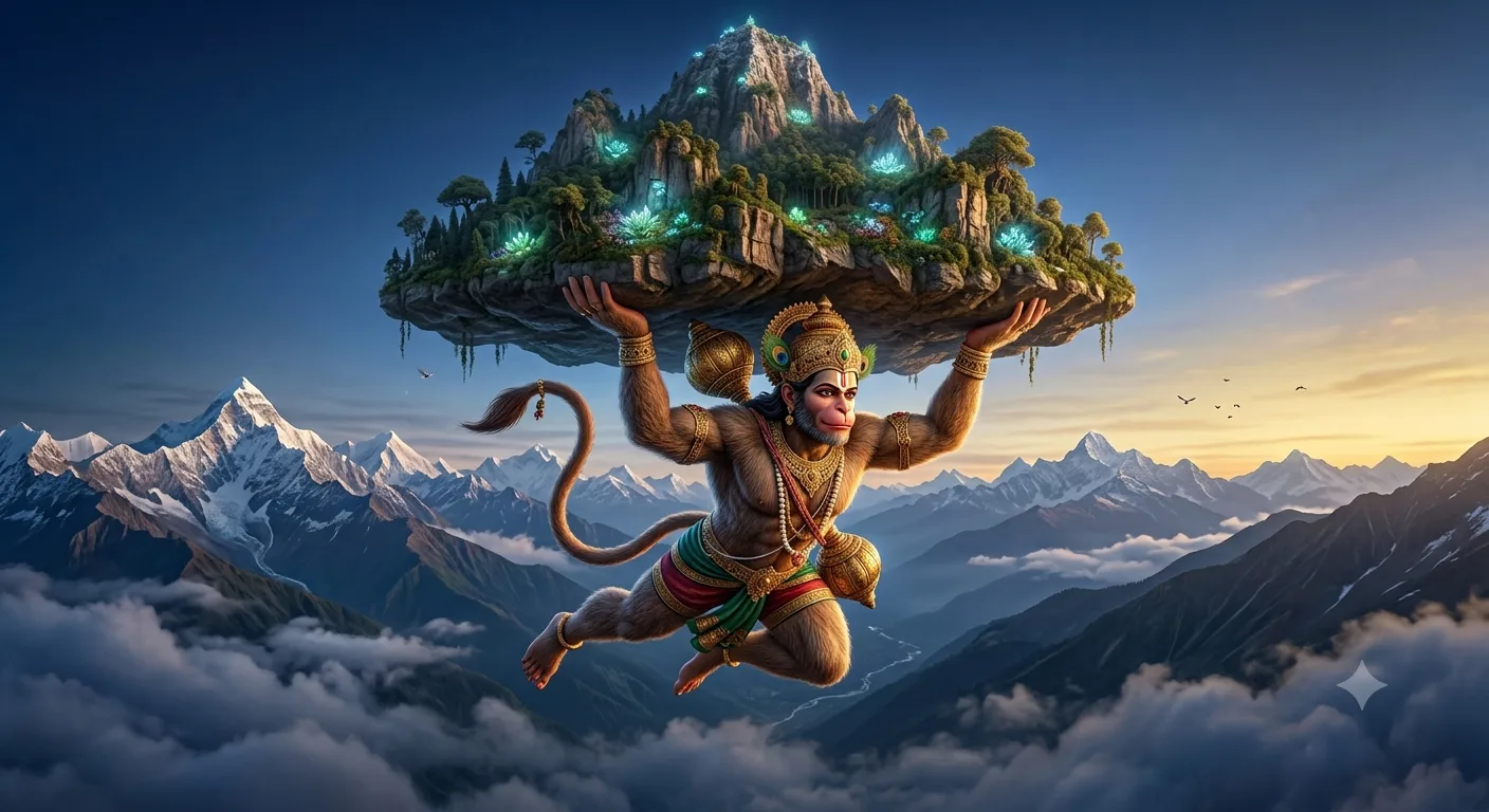 Artistic depiction of Lord Hanuman in flight carrying the mountain