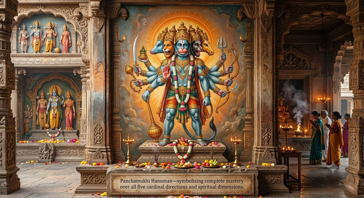 Panchamukhi Hanuman painting displaying five divine faces and multiple arms with weapons