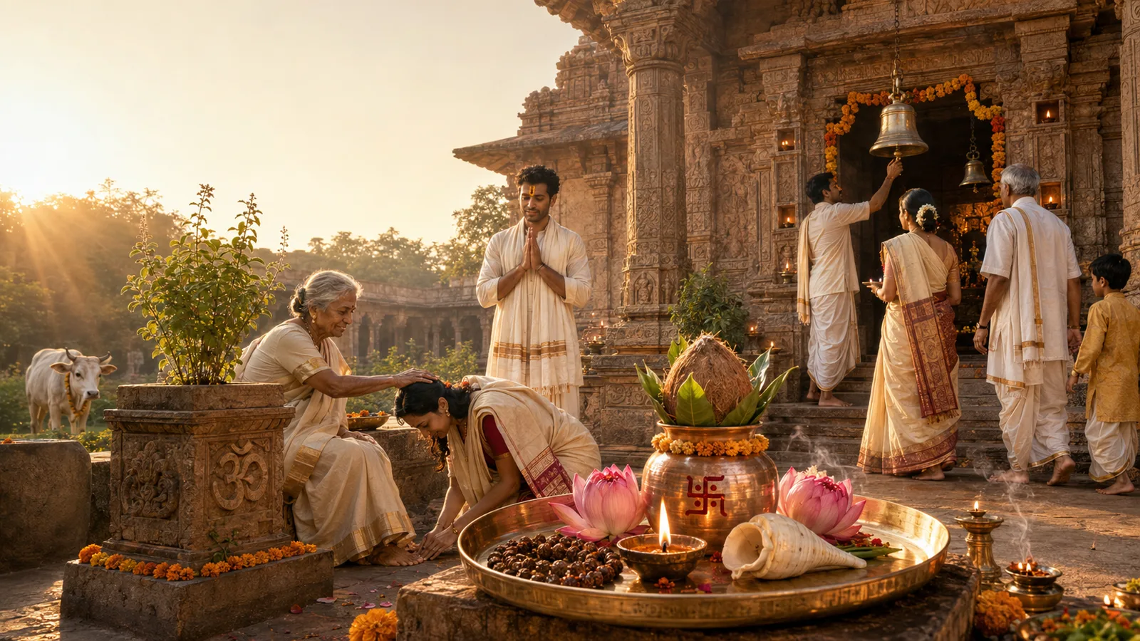 Sacred Hindu symbols including Om, diya flame, and lotus blossoms