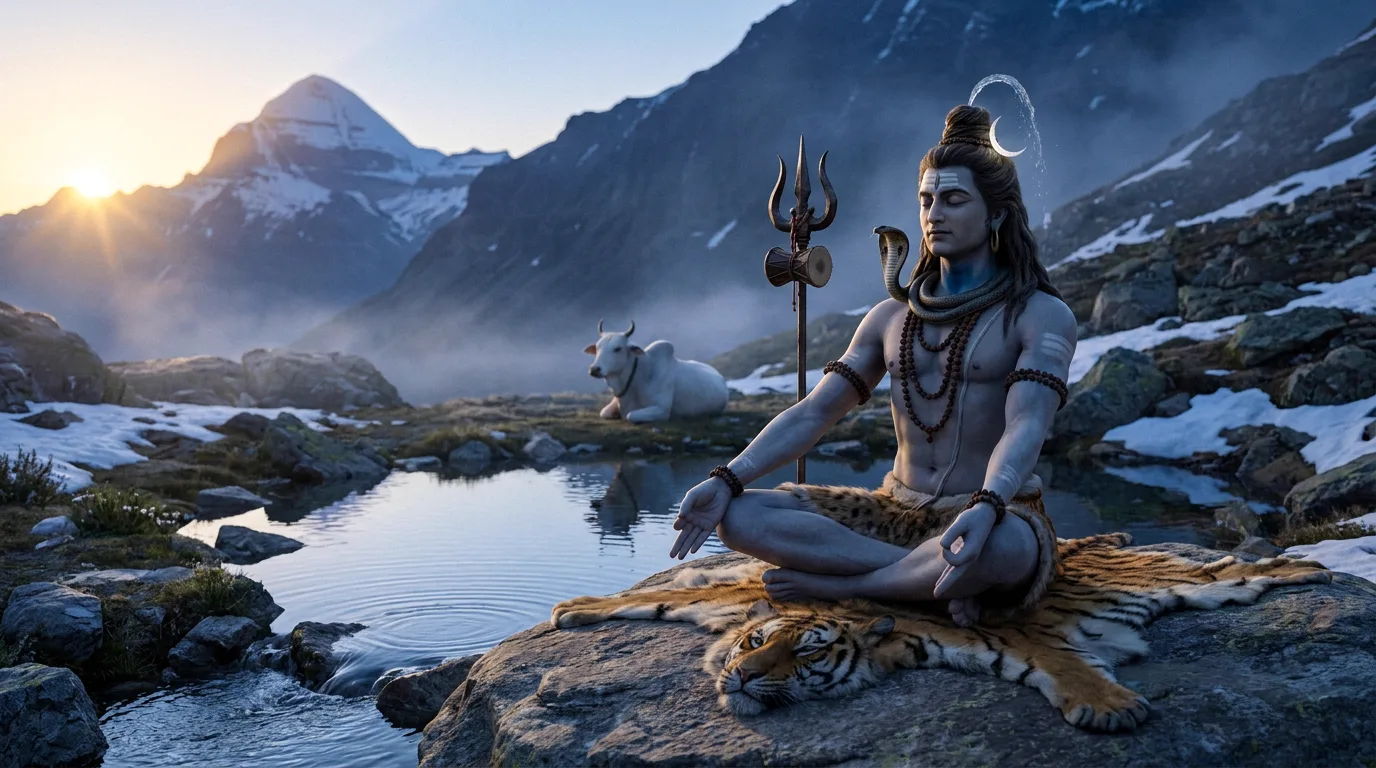 Artistic depiction of Lord Shiva in deep meditation on Mount Kailash
