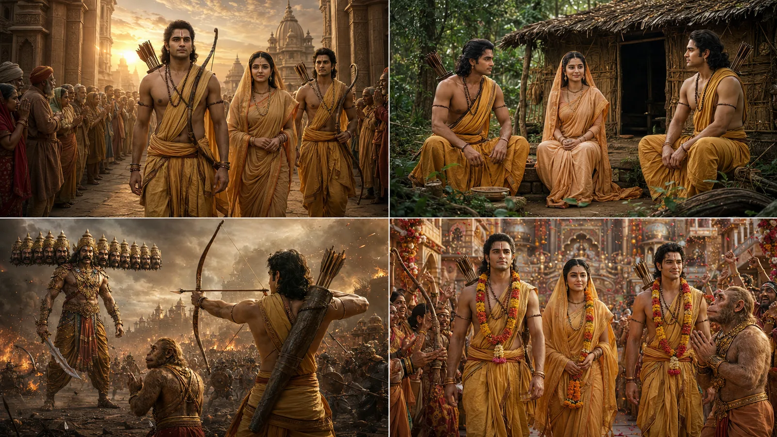 Artistic depiction of Prince Rama, Sita, Lakshmana, and Hanuman