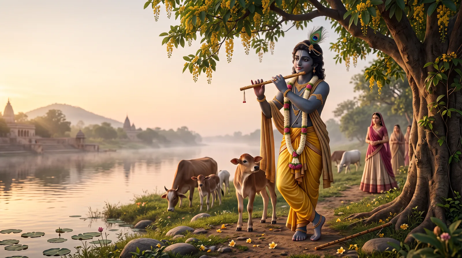 Artistic painting of Lord Krishna playing the flute under a kadamba tree